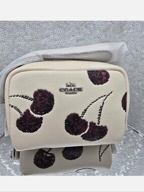 Coach Wristlet Pouch With Sequined Cherry Print Leather